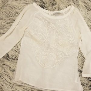 White Sheer Embroidered 3/4 Sleeve Blouse